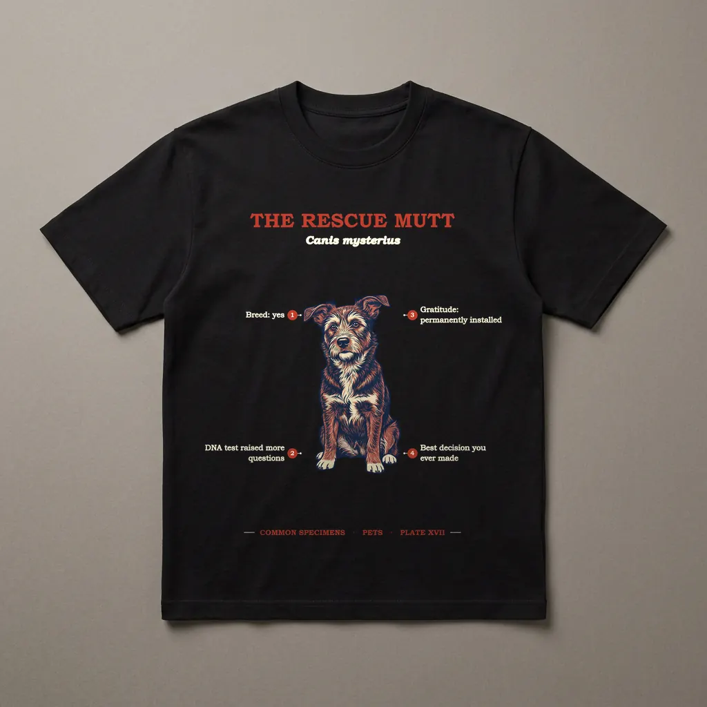 THE RESCUE MUTT, printed on a dark garment