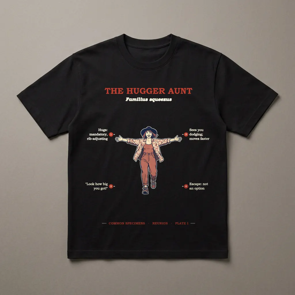 THE HUGGER AUNT, printed on a dark garment