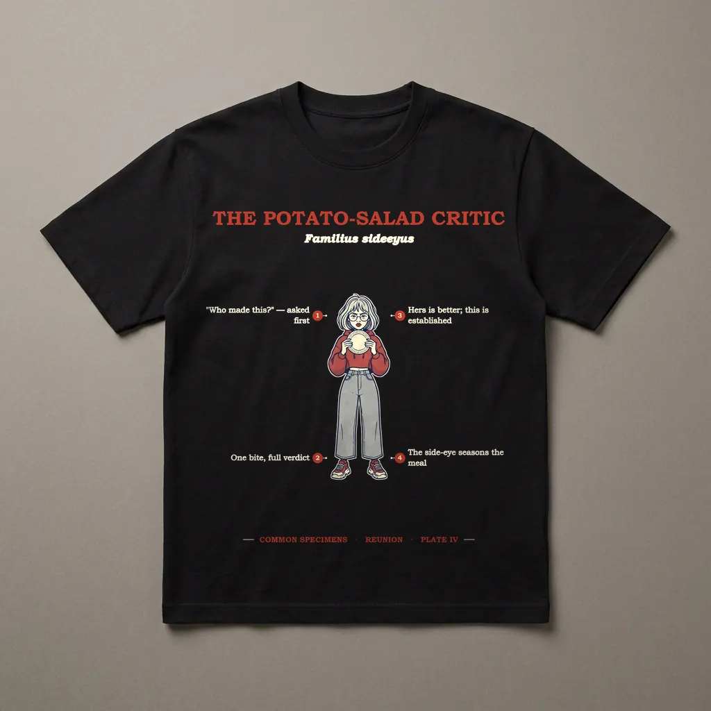 THE POTATO-SALAD CRITIC, printed on a dark garment