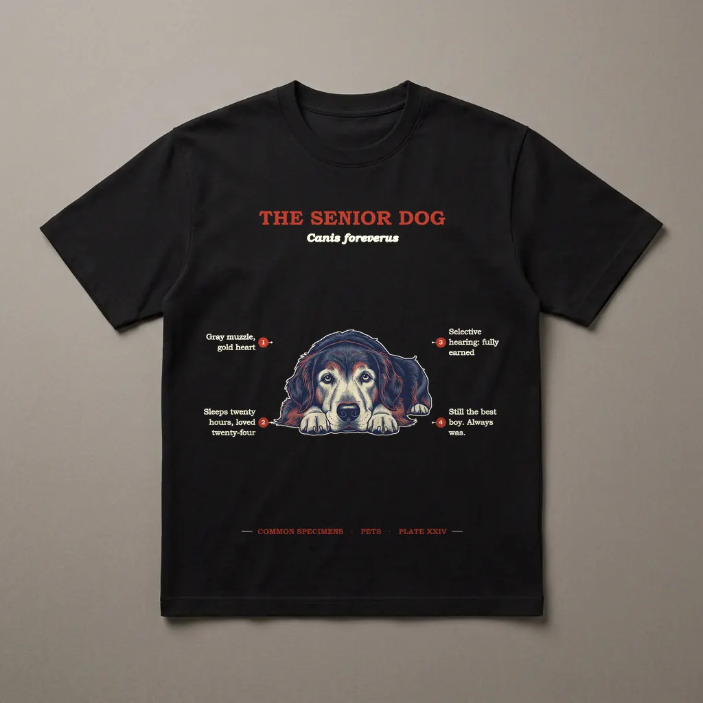 THE SENIOR DOG, printed on a dark garment