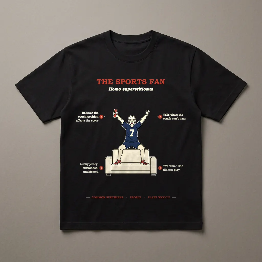 THE SPORTS FAN, printed on a dark garment