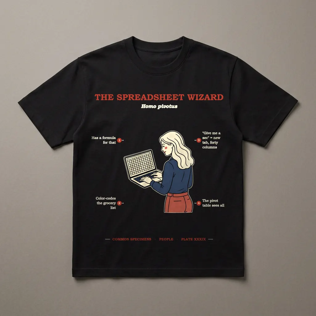 THE SPREADSHEET WIZARD, printed on a dark garment