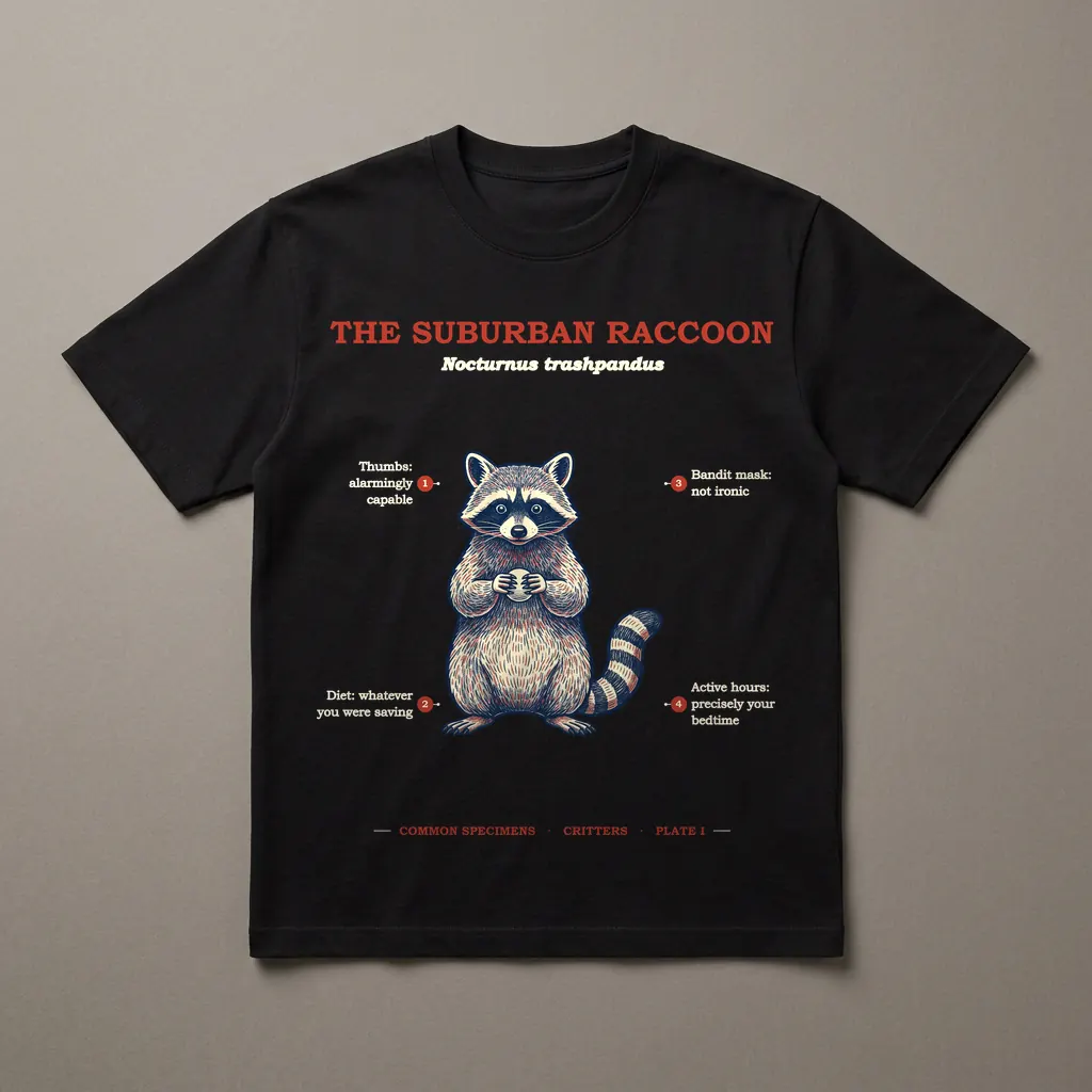 THE SUBURBAN RACCOON, printed on a dark garment