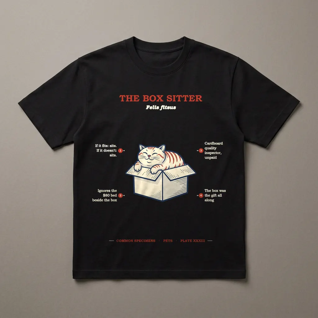 THE BOX SITTER, printed on a dark garment