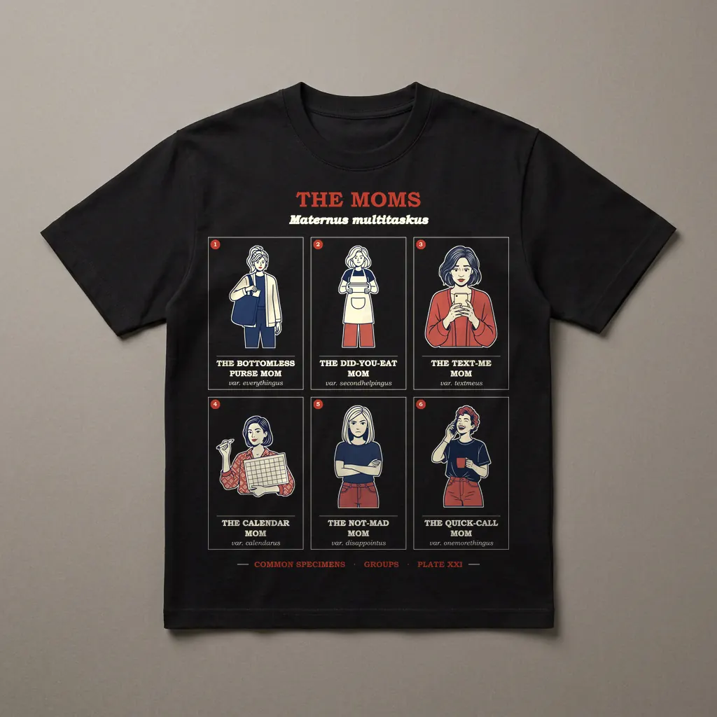 THE MOMS, printed on a dark garment