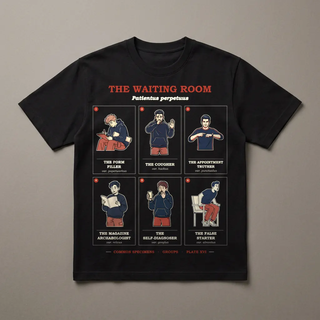 THE WAITING ROOM, printed on a dark garment