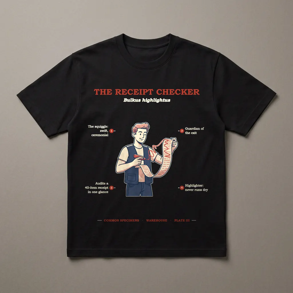 THE RECEIPT CHECKER, printed on a dark garment