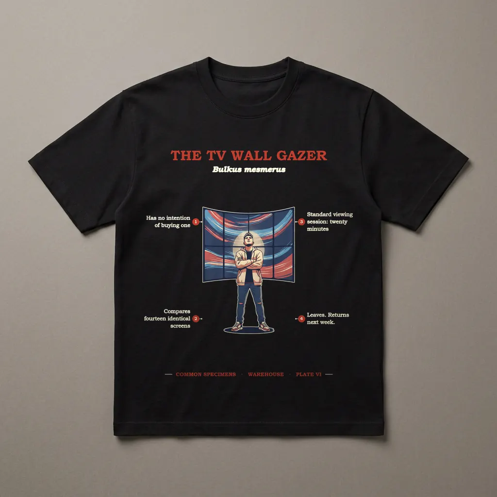 THE TV WALL GAZER, printed on a dark garment