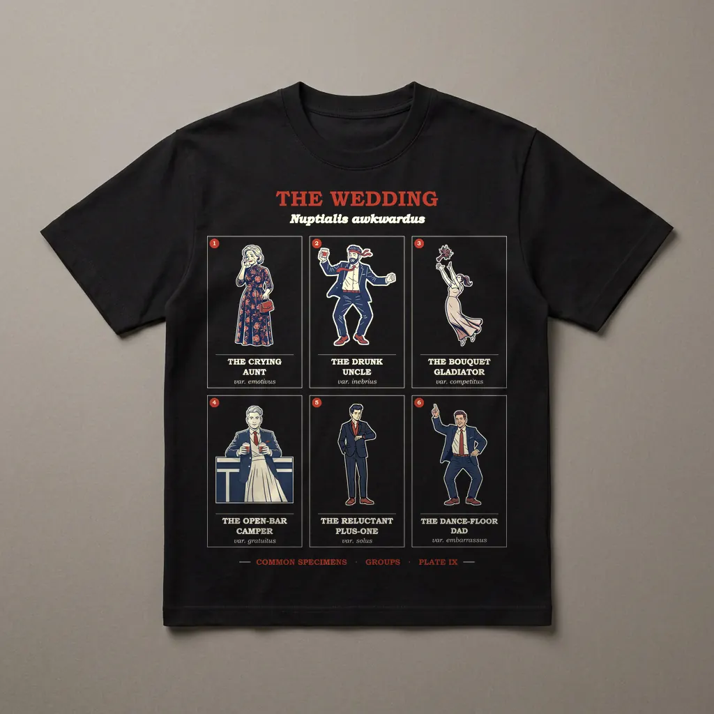 THE WEDDING, printed on a dark garment