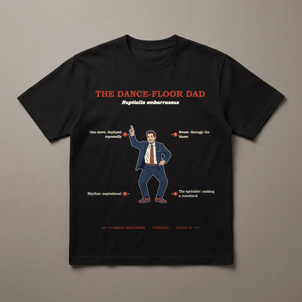 THE DANCE-FLOOR DAD, printed on a dark garment