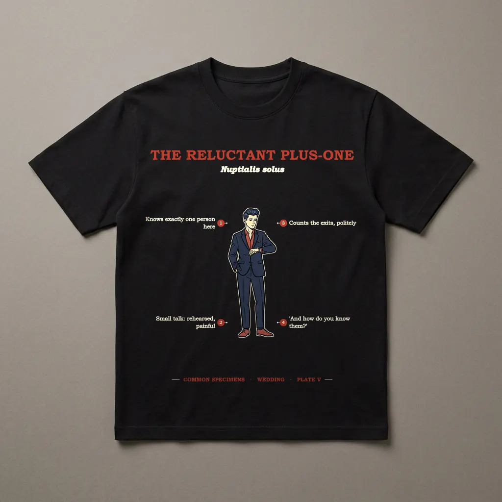 THE RELUCTANT PLUS-ONE, printed on a dark garment